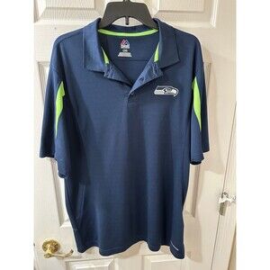 Majestic Size Large Blue and Neon Green Seattle Seahawks Button Up Polo Shirt